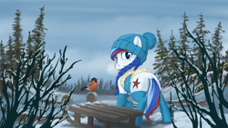 Size: 6400x3600 | Tagged: safe, artist:skrapbox, imported from derpibooru, oc, oc only, oc:marussia, bird, absurd resolution, bundled up for winter, clothes, hat, looking at you, looking back, nation ponies, russia, scarf, scenery, snow, socks, solo, winter, winter outfit