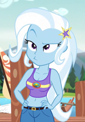 Size: 460x660 | Tagged: safe, edit, edited screencap, editor:ah96, imported from derpibooru, screencap, trixie, equestria girls, legend of everfree, :>, belly button, breast edit, breasts, busty trixie, camp everfree outfits, cleavage, cropped, faic, female, lidded eyes, midriff, raised eyebrow, sexy, solo, stupid sexy trixie