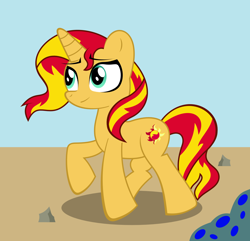 Size: 1944x1875 | Tagged: safe, artist:hells-edge, imported from derpibooru, sunset shimmer, pony, unicorn, female, raised hoof, rock, smiling, solo
