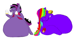 Size: 642x346 | Tagged: safe, artist:abasketstar, imported from derpibooru, oc, oc only, oc:amellia rose, oc:midnight coda, alicorn, anthro, alicorn oc, belly, big belly, burger, clothes, enjoying, fat, food, glasses, hamburger, heterochromia, ice cream, impossibly large belly, nudity, rainbow hair, smiling, vest, watch