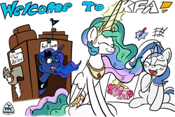 Size: 1024x688 | Tagged: safe, artist:dgaribalde, artist:tagman007, imported from derpibooru, discord, pinkie pie, princess celestia, princess luna, oc, oc:silver strand, alicorn, draconequus, pony, unicorn, female, fort, horn, magic, mare, pacific ponycon, telekinesis, unicorn oc