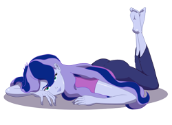 Size: 1123x817 | Tagged: safe, artist:hendocrinogeno, imported from derpibooru, princess luna, equestria girls, barefoot, bedroom eyes, feet, female, looking at you, prone, seductive pose, simple background, smiling, solo, stupid sexy luna, stupid sexy princess luna, the pose, transparent background, vice principal luna