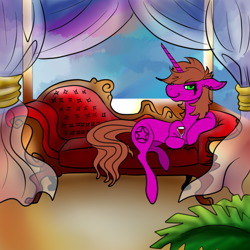 Size: 1024x1024 | Tagged: safe, artist:brainiac, imported from derpibooru, oc, oc only, oc:stepz, pony, unicorn, alcohol, bust, cloud, couch, curtains, eyestrain warning, female, full body, gold, leaves, mare, needs more saturation, pentagram, portrait, solo, wine