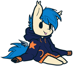 Size: 944x847 | Tagged: safe, artist:neoncel, imported from derpibooru, oc, oc only, oc:moonshot, bat pony, pony, clothes, commission, hoodie, simple background, sitting, smiling, solo, tongue out, transparent background, ych result