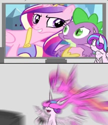 Size: 700x812 | Tagged: safe, artist:slamjam, imported from derpibooru, princess cadance, princess flurry heart, spike, dragon, equestria games (episode), bowser censor, exploitable meme, infidelity, interspecies, male, meme, radiant blur, she knows, shipping, spikedance, straight, television