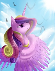 Size: 1188x1518 | Tagged: safe, artist:nutty-stardragon, artist:nuttypanutdy, imported from derpibooru, princess cadance, bird, female, flying, sky, solo, solo focus, sun