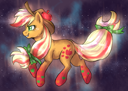 Size: 1522x1092 | Tagged: safe, artist:not-ordinary-pony, imported from derpibooru, applejack, cowboy hat, female, floating, freckles, hat, night, rainbow power, smiling, solo, stars, stetson