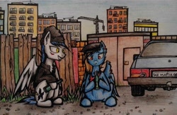 Size: 2560x1672 | Tagged: artist needed, safe, imported from derpibooru, oc, oc only, pegasus, pony, alcohol, beer, bottle, car, gopnik, lada, russian, slav, squatting, traditional art