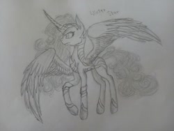 Size: 1280x960 | Tagged: artist needed, safe, imported from derpibooru, oc, oc only, oc:winter star, alicorn, pony, alicorn oc, armor, fanfic, fanfic art, monochrome, russian, solo, traditional art