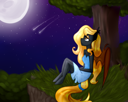 Size: 5000x4000 | Tagged: safe, artist:kaikururu, imported from derpibooru, oc, oc only, oc:regina liliac, anthro, bat pony, unguligrade anthro, absurd resolution, anthro oc, clothes, dress, female, full moon, looking up, mare, moon, night, request, requested art, sad, shooting star, solo, tree