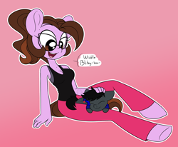 Size: 1200x988 | Tagged: safe, artist:dativyrose, artist:sweetfilthyfun, imported from derpibooru, oc, oc only, oc:ivy rose, oc:lightning chaser, anthro, earth pony, unguligrade anthro, chibi, clothes, cute, glasses, petting, ponytail, tanktop, yoga pants
