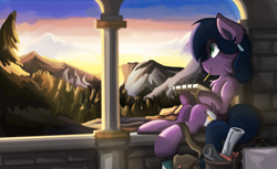 Size: 1600x979 | Tagged: safe, artist:saxopi, imported from derpibooru, oc, oc only, oc:quiet scribble, earth pony, pony, forest, mountain, mountain range, pencil, saddle bag, scenery, sketchbook, solo