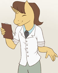 Size: 571x719 | Tagged: safe, artist:wtfeather, edit, imported from derpibooru, doctor horse, doctor stable, anthro, unicorn, clipboard, clothes, cropped, eyes closed, male, missing accessory, smiling, solo, stallion