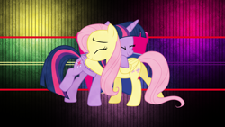 Size: 3840x2160 | Tagged: safe, artist:cloudy glow, artist:cloudyglow, artist:laszlvfx, edit, imported from derpibooru, fluttershy, twilight sparkle, alicorn, pegasus, pony, the hooffields and mccolts, butt, eyes closed, high res, hug, plot, scene interpretation, twilight sparkle (alicorn), vector, wallpaper, wallpaper edit