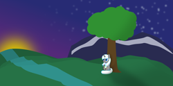 Size: 7617x3777 | Tagged: safe, artist:metropone, imported from derpibooru, oc, oc only, oc:charms, pony, unicorn, absurd resolution, mountain, outdoors, river, solo, stars, sun, sunrise, sunset, tree, vector