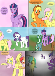 Size: 1000x1366 | Tagged: safe, artist:emilou1985, imported from derpibooru, applejack, fluttershy, rarity, twilight sparkle, oc, alicorn, pony, comic:signs, alternate universe, comic, pregnant, twilight sparkle (alicorn)