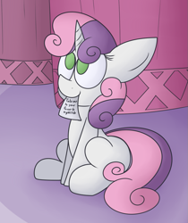 Size: 837x997 | Tagged: safe, artist:mr. rottson, imported from derpibooru, sweetie belle, pony, unicorn, looking up, mouth hold, note, offscreen character, sitting, solo