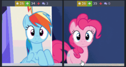 Size: 491x263 | Tagged: safe, imported from derpibooru, screencap, pinkie pie, rainbow dash, earth pony, pegasus, pony, derpibooru, 28 pranks later, animated, blinking, cropped, cursor, cute, female, forced juxtaposition, friendship throne, frown, gif, juxtaposition, juxtaposition win, looking at you, mare, meme, meta, open mouth, raised hoof, shocked, surprised, wide eyes