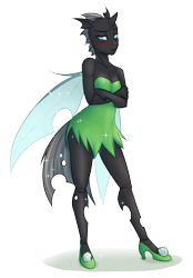 Size: 2729x3928 | Tagged: safe, artist:askbubblelee, imported from derpibooru, oc, oc only, oc:imago, anthro, changeling, fairy, plantigrade anthro, anthro oc, blushing, clothes, crossed arms, cute, cuteling, disney, dress, female, high heels, peter pan, pixie dust, puffy cheeks, scrunchy face, simple background, solo, tinker bell, transparent background