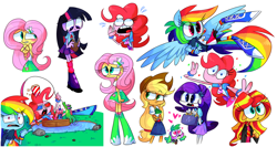 Size: 1280x680 | Tagged: safe, artist:vdru7, imported from derpibooru, applejack, fluttershy, gummy, pinkie pie, rainbow dash, rarity, spike, sunset shimmer, twilight sparkle, dog, equestria girls, 3d glasses, boat, boots, bracelet, clothes, compression shorts, cowboy hat, cute, fishing rod, flying, hat, heart, heart eyes, high heel boots, humane five, humane seven, humane six, jacket, jewelry, leather jacket, leg warmers, legs, pleated skirt, ponied up, shoes, shorts, skirt, sleeveless, socks, spike the dog, stetson, tanktop, wingding eyes, wings