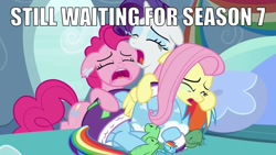 Size: 1920x1080 | Tagged: safe, edit, edited screencap, imported from derpibooru, screencap, fluttershy, pinkie pie, rainbow dash, rarity, tank, season 7, tanks for the memories, bathrobe, clothes, crying, dashie slippers, hiatus, image macro, meme, robe, slippers, tank slippers