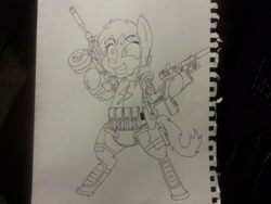 Size: 3264x2448 | Tagged: safe, artist:unreliable narrator, imported from derpibooru, oc, oc only, oc:noir avery gumshoe, pony, fallout equestria, armor, bipedal, dual wield, glock 17, gun, riot gear, simple background, skorpion, smiling, solo, submachinegun, traditional art, weapon, white background