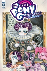 Size: 1054x1600 | Tagged: safe, artist:sararichard, idw, imported from derpibooru, pinkie pie, rarity, twilight sparkle, alicorn, pony, spoiler:comic, spoiler:comic53, alternate hairstyle, blushing, clothes, cover, crown, dress, england, ermine, eyes closed, fine art parody, floppy ears, happy, jewelry, levitation, lidded eyes, looking at you, looking up, magic, makeup, open mouth, queen elizabeth i, raised hoof, regalia, ruff (clothing), smiling, smug, telekinesis, the ermine portrait, twilight sparkle (alicorn), yawn