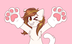 Size: 1000x607 | Tagged: safe, artist:confetticakez, imported from derpibooru, oc, oc only, oc:raven sun, earth pony, pony, behaving like a cat, chest fluff, fake paws, one eye closed, solo, wink