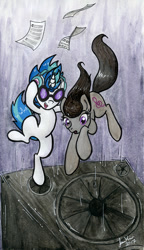 Size: 568x983 | Tagged: safe, artist:jenkiwi, imported from derpibooru, dj pon-3, octavia melody, vinyl scratch, earth pony, pony, unicorn, duo, female, headphones, mare, sheet music, speaker, traditional art, wub