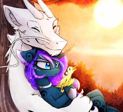 Size: 2480x2256 | Tagged: safe, artist:magnaluna, imported from derpibooru, princess luna, oc, oc:zefiroth, dragon, canon x oc, cuddling, curved horn, cute, duckling, eyes closed, eyeshadow, makeup, male, shipping, smiling, snuggling, straight, sunset, tree