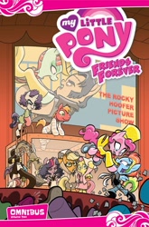 Size: 1054x1600 | Tagged: safe, artist:jay fosgitt, idw, imported from derpibooru, applejack, big macintosh, discord, fluttershy, pinkie pie, rainbow dash, rarity, twilight sparkle, alicorn, earth pony, pegasus, pony, semi-anthro, unicorn, spoiler:comic, spoiler:comicffomnibus2, brad majors, bread, cinema, clothes, columbia, comic book, costume, cover, dr. frank n furter, eddie, female, food, janet weiss, magenta, male, mane six, mare, meat loaf, movie, movie parody, movie reference, parody, ponified, riff raff, rocky horror, rocky horror picture show, squirt gun, stage, stallion, toast, twilight sparkle (alicorn)