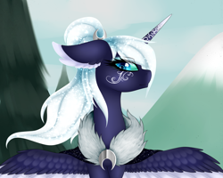 Size: 2000x1600 | Tagged: safe, artist:minelvi, imported from derpibooru, princess luna, alicorn, pony, alternate design, alternate universe, bust, ear fluff, ethereal mane, eyelashes, female, galaxy mane, mare, outdoors, solo, spread wings, tattoo, wings