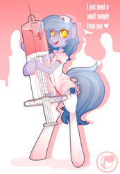 Size: 1000x1441 | Tagged: dead source, safe, artist:anithedrawist, imported from derpibooru, oc, oc only, oc:code blue, earth pony, pony, bipedal, clothes, giant syringe, nurse, socks, solo, syringe