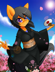 Size: 1024x1320 | Tagged: safe, artist:chacrawarrior, imported from derpibooru, oc, oc only, oc:quick bullet, anthro, anthro oc, cherry blossoms, clothes, cute, female, flower, flower blossom, flower petals, heart eyes, kimono (clothing), mare, sky, smiling, solo, starry eyes, sun, wingding eyes