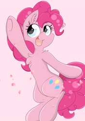 Size: 2456x3484 | Tagged: safe, artist:meowmavi, imported from derpibooru, pinkie pie, female, flower petals, happy, high res, pink background, simple background, solo