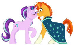 Size: 1600x1000 | Tagged: safe, artist:whisperseas, imported from derpibooru, starlight glimmer, sunburst, pony, blushing, duo, kissing, male, shipping, simple background, starburst, straight, transparent background