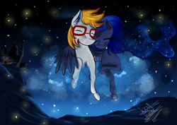 Size: 3507x2480 | Tagged: safe, artist:scarlett-letter, imported from derpibooru, princess luna, oc, canterlot castle, hug, night, winghug