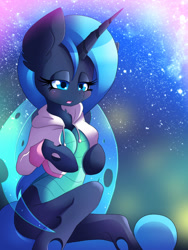 Size: 1200x1600 | Tagged: safe, artist:blazemizu, imported from derpibooru, oc, oc only, oc:rescue pony, anthro, changeling, changeling queen, unguligrade anthro, arm hooves, blue changeling, changeling queen oc, clothes, female, hoodie, solo