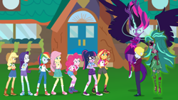 Size: 1920x1080 | Tagged: safe, artist:askometa, artist:dashiemlpfim, artist:wawtoons, artist:xebck, artist:yoshigreenwater, imported from derpibooru, applejack, fluttershy, gaea everfree, gloriosa daisy, pinkie pie, rainbow dash, sci-twi, sunset shimmer, twilight sparkle, oc, oc:delta brony, equestria girls, legend of everfree, boots, bracelet, clothes, converse, cowboy boots, cowboy hat, crossed arms, denim, dress, equestria girls-ified, fist, floating, freckles, hat, jewelry, magical geodes, midnight sparkle, pants, self paradox, shoes, shorts, skirt, socks