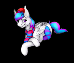 Size: 816x696 | Tagged: safe, artist:opalscentconfetti, imported from derpibooru, oc, oc only, oc:skipseh, bat pony, pony, bat ears, bat wings, beanie, clothes, hat, scarf, socks, solo, striped socks