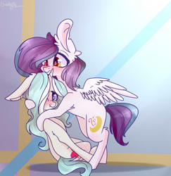 Size: 827x852 | Tagged: safe, artist:emily-826, imported from derpibooru, oc, oc only, oc:yellow light, pegasus, pony, unicorn, blushing, female, hug, lesbian