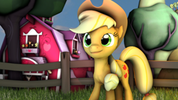 Size: 1024x576 | Tagged: safe, artist:vonklerks, imported from derpibooru, applejack, 3d, barn, female, fence, solo, source filmmaker, sweet apple acres, tree