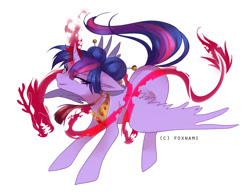 Size: 1024x800 | Tagged: safe, artist:naminzo, imported from derpibooru, twilight sparkle, alicorn, pony, alternate hairstyle, dark magic, evil, evil grin, female, grin, jewelry, looking at you, magic, peytral, signature, simple background, smiling, solo, twilight sparkle (alicorn)