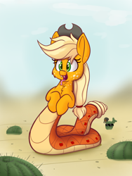 Size: 750x1000 | Tagged: safe, artist:heir-of-rick, imported from derpibooru, applejack, lamia, original species, rattlesnake, snake, daily apple pony, badumsquish approved, cactus, cute, desert, female, jackabetes, lamiafied, open mouth, solo, species swap, sunglasses, this isn't even my final form, tongue out