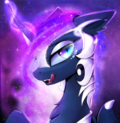 Size: 2480x2530 | Tagged: safe, artist:magnaluna, imported from derpibooru, nightmare moon, princess luna, alicorn, pony, armor, bat wings, bedroom eyes, bust, chest fluff, ear fluff, eyelashes, eyeshadow, fangs, female, floppy ears, fluffy, galaxy mane, helmet, high res, horn guard (armor), leg fluff, licking, licking lips, lidded eyes, looking at you, makeup, mare, neck fluff, nightmare luna, open mouth, portrait, raised hoof, sharp teeth, slit eyes, slit pupils, solo, starry eyes, stars, teeth, tongue out, wing fluff, wingding eyes, wings