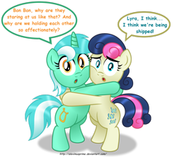 Size: 1600x1453 | Tagged: safe, artist:aleximusprime, imported from derpibooru, bon bon, lyra heartstrings, sweetie drops, earth pony, pony, unicorn, adorabon, best friends, breaking the fourth wall, cheek squish, cute, dialogue, female, hug, looking at you, lyrabetes, mare, shipping, simple background, squishy cheeks, text, transparent background