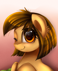 Size: 1446x1764 | Tagged: safe, artist:pridark, imported from derpibooru, oc, oc only, oc:kazzy, earth pony, pony, commission, female, gradient background, looking at you, mare, one eye closed, smiling, solo, wink