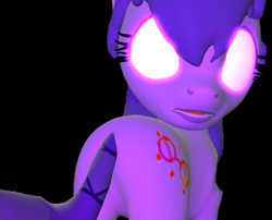 Size: 890x720 | Tagged: safe, artist:mellow91, imported from derpibooru, oc, oc only, oc:glass sight, 3d, black background, butt, glowing eyes, missing accessory, no glasses, plot, possessed, simple background, solo, source filmmaker