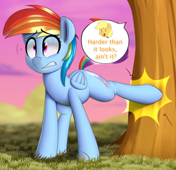 Size: 3462x3345 | Tagged: safe, artist:january3rd, imported from derpibooru, applejack, rainbow dash, pegasus, pony, applebucking, dialogue, duo, duo female, female, grass, kicking, mare, offscreen character, pain, sweet apple acres, tree