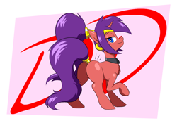 Size: 1000x700 | Tagged: safe, artist:mofetafrombrooklyn, imported from derpibooru, oc, oc only, oc:dream dancer, genie, pony, unicorn, blank flank, butt, crossover, female, lidded eyes, looking back, mare, plot, ponified, ponytail, shantae, shantae (character), simple background, smiling, solo